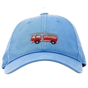 HARDING LANE Kids' Firetruck Canvas Hat Needlepoint Embroidery Blue Red Summer